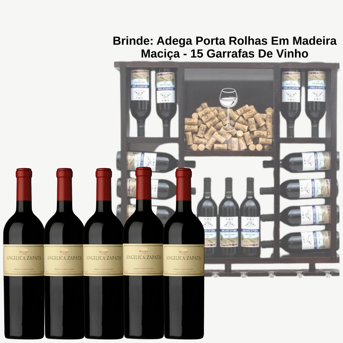 Kit De 6 Vinhos Angélica Zapata Malbec + BRINDE: Adega Porta Rolhas Em Madeira Maciça - Suporta 15 Garrafas De Vinho