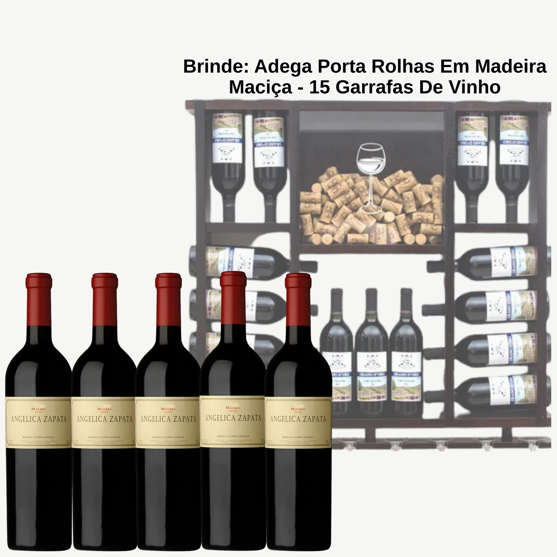 Kit De 6 Vinhos Angélica Zapata Malbec + BRINDE: Adega Porta Rolhas Em Madeira Maciça - Suporta 15 Garrafas De Vinho